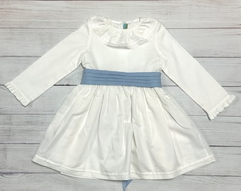 Girl Dress - White linen blend dress with sash and bow