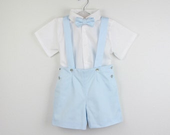 Boys outfit - Baby blue shortalls, bow tie and white shirt - 3-piece set - Various colors available