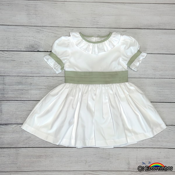 Robe fille - Robe blanche en coton oxford Robe manches courtes avec ceinture