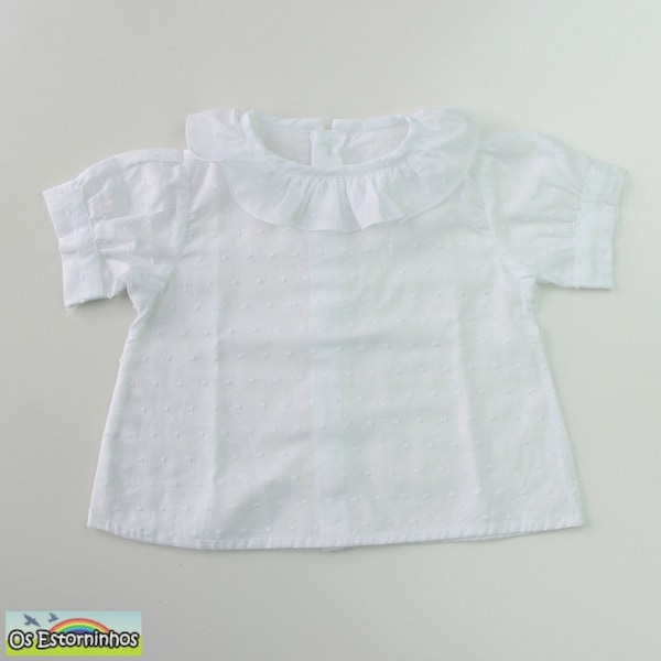 Camicetta per bambine - 100% cotone, pois svizzeri trasparenti, manica corta, bianca