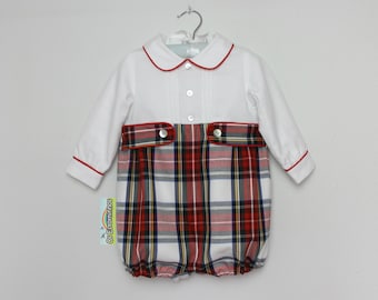 Bubble romper -  Long Sleeve Red Tartan Baby Romper with peter pan collar
