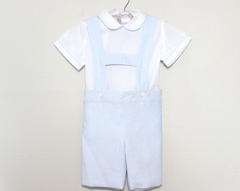 Striped Blue Cotton Blend Boy Outfit: H-Bar Suspenders