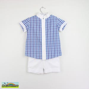 Boys outfit - Boys short Sleeve  Blue gingham mao shirt and white shorts
