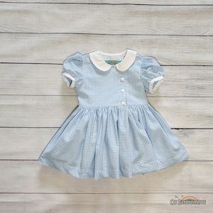 Può includere: Un vestito a quadretti azzurro e bianco con colletto bianco e maniche corte a sbuffo. L'abito ha un'abbottonatura frontale e una gonna a pieghe. L'abito è progettato per bambini.