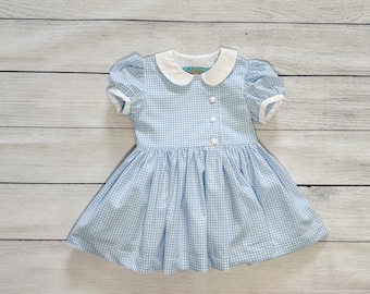 Girl Dress - Short sleeve Cotton Gingham Dress with white collar and buttons