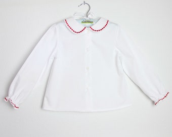 White Long Sleeve Blouse with embroidered Peter pan collar - Embroidery available in more colors