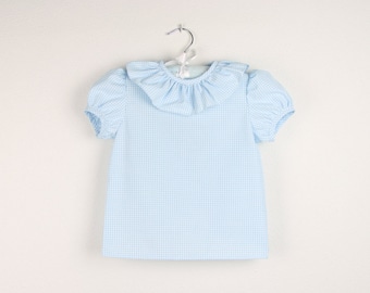 Blusa xadrez vichy de manga curta com gola babado - Outras cores disponíveis
