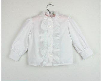 Girls Blouse -  100% Cotton Swiss Dots long sleeve  white Blouse, Mao collar with ruffle