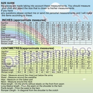 May include: Size guide with measurements in inches and centimeters for children's clothing. Includes height, chest, waist, hips, and other measurements for sizes NB to 8.