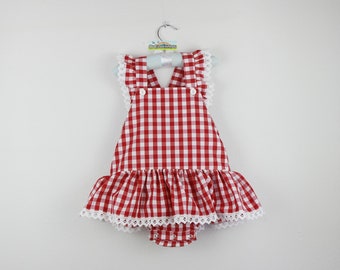 Large gingham check Romper trimmed with white crochet