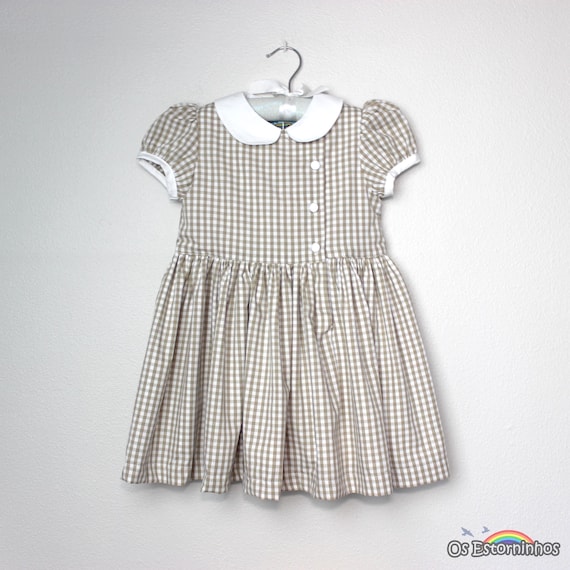 Beige Gingham Girl Dress with White Peter Pan Collar