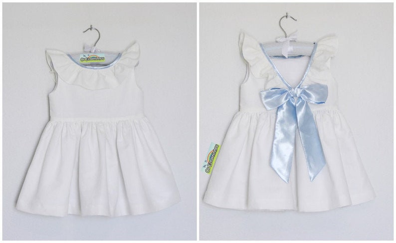 trimmed in Blue satin Off-White Linen Blend Dress with Lower back