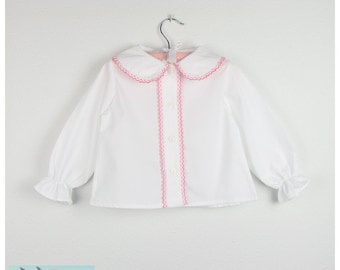 Long sleeve white Blouse -  Peter pan collar with pink trim - Other trim colors available