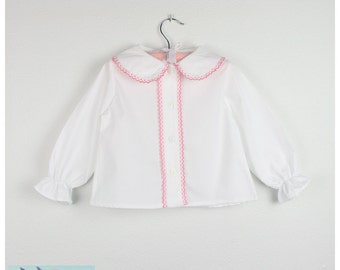 Long sleeve white Blouse -  Peter pan collar with pink trim - Other trim colors available