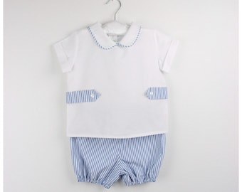 White cotton blend short sleeve shirt with Peter Pan collar and striped short bloomers - Available in various colors