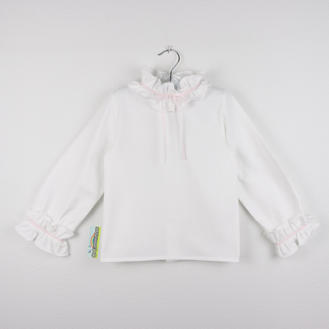 LuLu BeBe Girls White Lyn Ruffle Collar Tie Back Blouse - Long Sleeves
