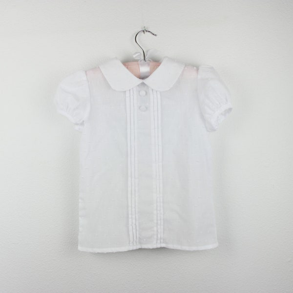 Short sleeve White swiss dots  pleated Blouse with peter pan collar