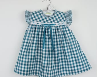 Girl Dress -  Sleeveless Teal Gingham dress with matching bloomers