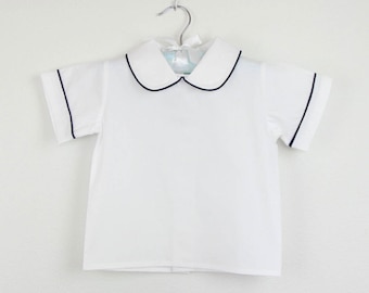 Rounded collar Cotton White shirt with straight Short sleeve  - Other trim color available