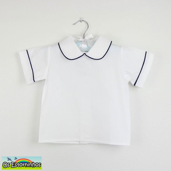 Chemise droite en coton blanche avec col rond Manches courtes - Autre couleur de bordure disponible