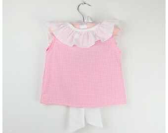 Girls Blouse -  Pink gingham open back Blouse with white swiss dots ruffle collar, Bow on the back