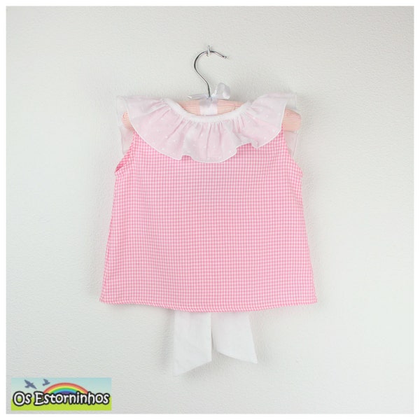 Girls Blouse -  Pink gingham open back Blouse with white swiss dots ruffle collar, Bow on the back