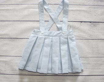 Girls Skirt - Pleated cotton piquet Skirt with suspenders - Available in Pink, Blue and White