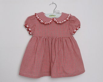 Girl Dress - Short sleeve Red Cotton Gingham Dress with Rounded collar