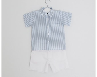Boy outfit - Boy striped shirt and white cotton twill shorts - Available in various colors