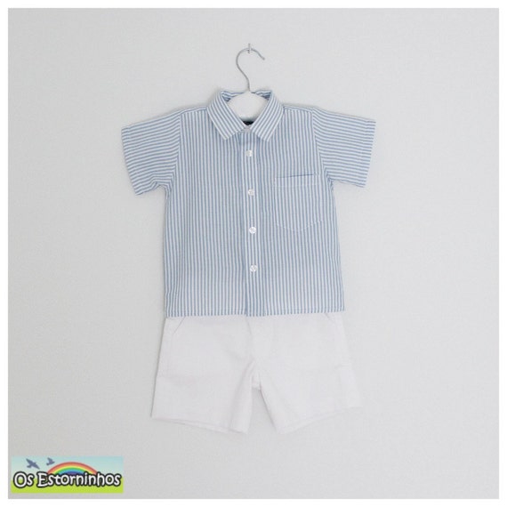 Boy outfit - Boy striped shirt and white cotton twill shorts - Available in various colors