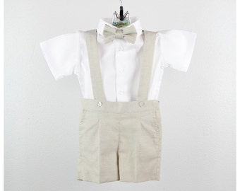 Boys outfit - Oxford Cotton blend shorts with suspenders, bow tie and short sleeve white shirt - 3-piece set - Other colors available