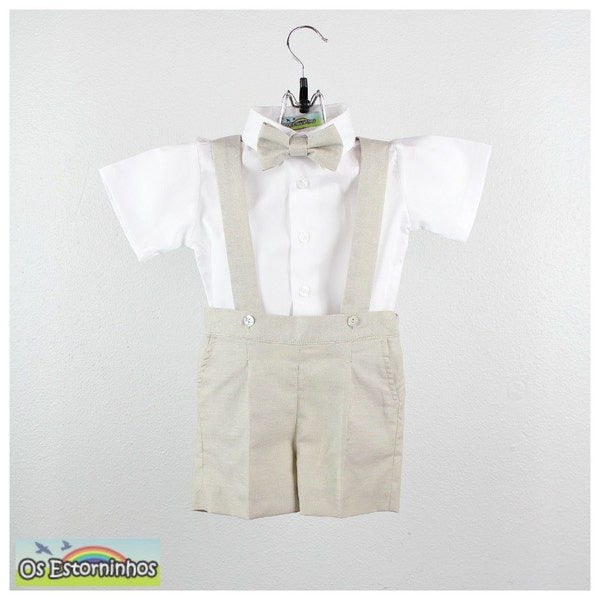 Boys outfit - Oxford Cotton blend shorts with suspenders, bow tie and short sleeve white shirt - 3-piece set - Other colors available