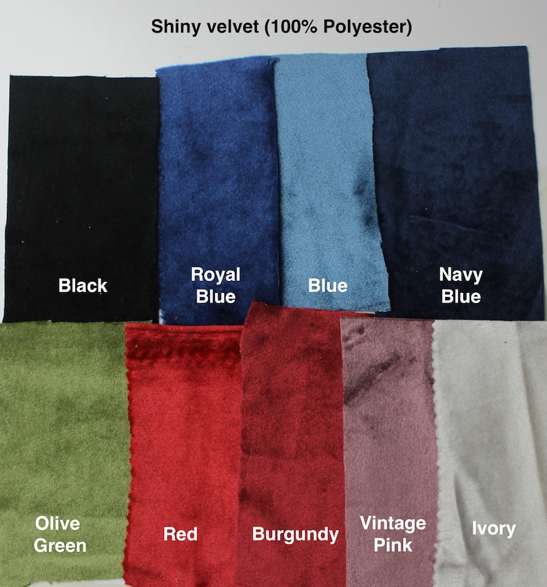 May include: A collection of shiny velvet fabric swatches in various colors, including black, royal blue, blue, navy blue, olive green, red, burgundy, vintage pink, and ivory. The text "Shiny velvet (100% Polyester)" is displayed at the top.