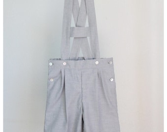 Boys Shorts - Gray light oxford cotton blend short overalls - Shortalls with H bar suspenders