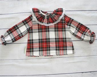 Girl Red tartan  Long sleeve Blouse with ruffle collar