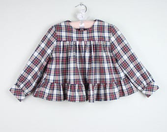 Girl Top - Long sleeve Navy and Red Plaid Top