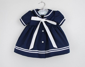 Baby Sailor Dress: Navy Blue Nautical Cotton Dress with White Bow
