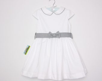 Girls dress - White oxford cotton dress with Peter pan collar, sash and bow