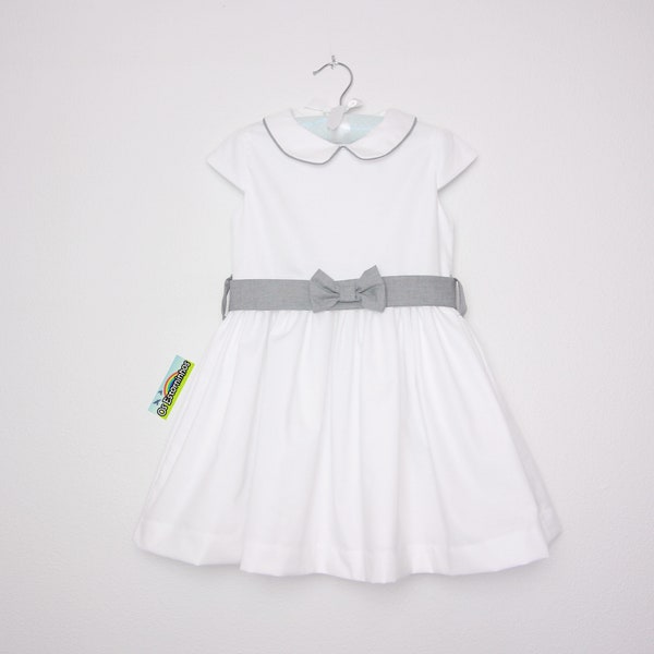 Robe filles - Robe en coton oxford blanc avec col Peter Pan, ceinture et nœud