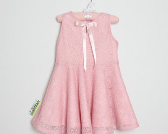 Girls lace Dress - Sleeveless Girls Pink Lace  Dress with Satin ribbon bow on the front