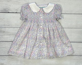 Girl Dress -Short sleeve Pink and Purple floral dress with white rounded collar