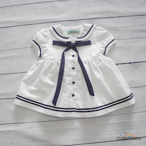Baby Girl dress - White and navy blue linen blend  Sailor dress