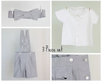 Boys outfit - Oxford cotton blend shortalls with H bar suspenders, bow tie and white shirt - 3-piece set - Other colors available