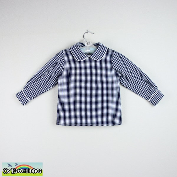 Long sleeve  Gingham Shirt with Peter pan collar trimmed in White -  Other colors available