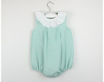 Bubble Romper - Sleeveless checkered  bubble romper with double ruffle collar- Available in more colors