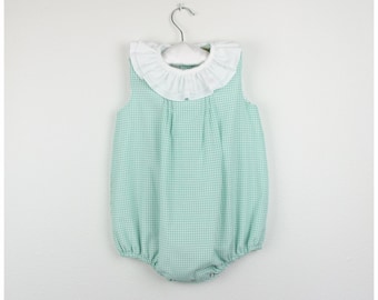 Checkered Bubble Romper: Sleeveless Ruffle Collar Romper