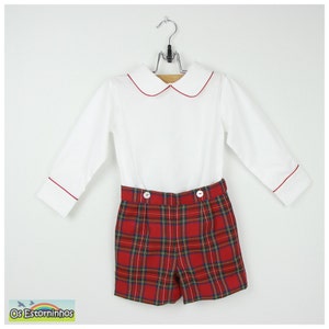 Baby Jungen Outfit - Junge Baumwolle Langarm Shirt und rote Tartan Shorts