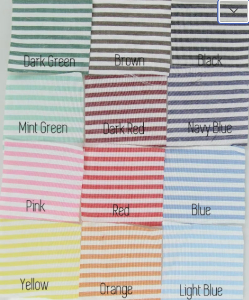 May include: A collection of striped fabric swatches in various colors, including dark green, brown, black, mint green, dark red, navy blue, pink, red, blue, yellow, orange, and light blue. Each swatch has horizontal white stripes.
