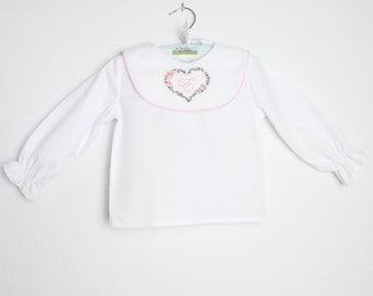 Rounded collar White Long Sleeve blouse - Embroidered collar with Monogram