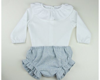 Baby outfit - White blouse and wool blend  bloomers - Pink, navy blue, red grey, blue and camel wool available